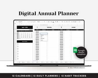 Digital Annual Planner, Undated Productivity Planner, Google Sheets Spreadsheet, To Do List, Monthly Calendar, Daily Schedule, Habit Tracker