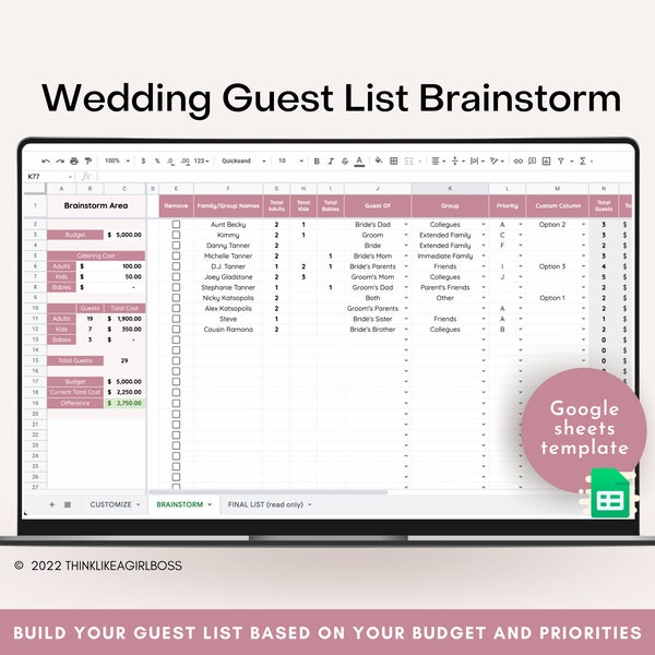 Wedding Guest List Planner Google Sheets Template, Wedding Guest List Brainstorm,  Wedding Spreadsheets, Digital, Editable, Instant Access