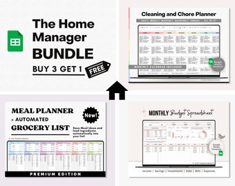 Meal Planner, Cleaning Planner, Monthly Budget, Digital To-Do List, Productivity Google Sheets Bundle - Digital Planner, Buy 3 get 1 FREE