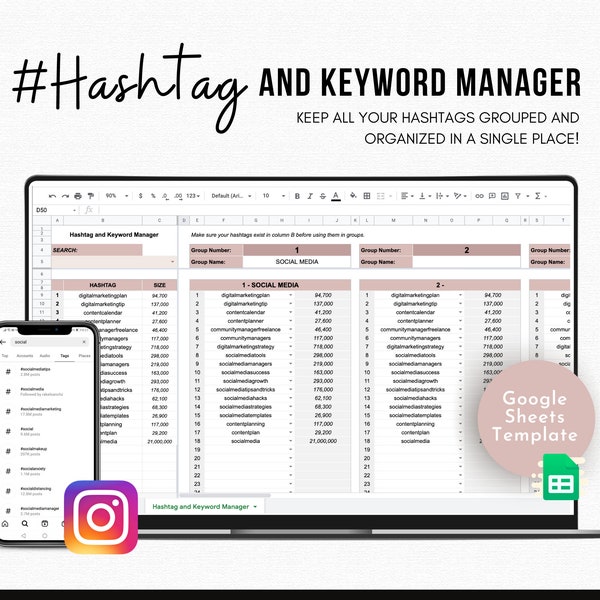 Social Media Hashtag Planner, Google Sheets, Social Media Content Planner, Social Media Manager, Instagram Content Plan, Instant access