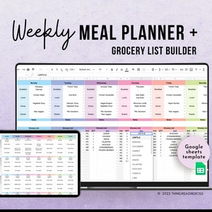 Weekly Meal Planner and Grocery List Google Sheets Digital Template Food Prep Meal Prep Monthly Meal Plan Calendar Printable Meal Planner