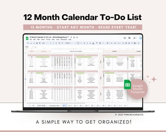 12 Month Calendar To-do List Year Calendar Planner Digital Calendar Template Blank Calendar Undated Calendar Google Sheets Template