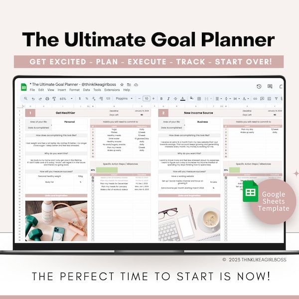 Digital Goal Planner, Google Sheets Template, Goal Tracker Spreadsheet Productivity Planner Undated Goal Setting Planner