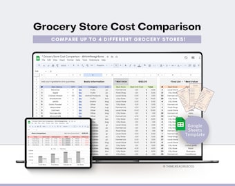 Grocery Store Cost Comparison Spreadsheet - Grocery List Budget Planner - Grocery List Cost Calculator - Google Sheets Template