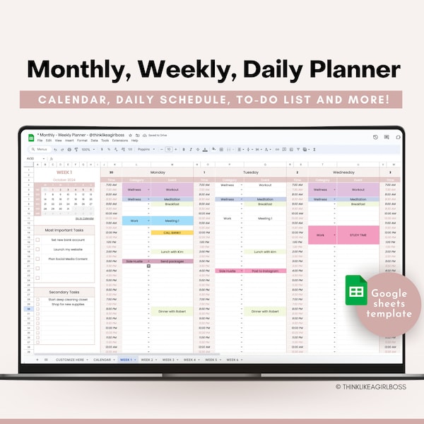 Google Sheets To Do List, Undated Weekly Planner, Monthly Calendar, Daily Schedule Template, Task Tracker, To Do List, Task List, Editable