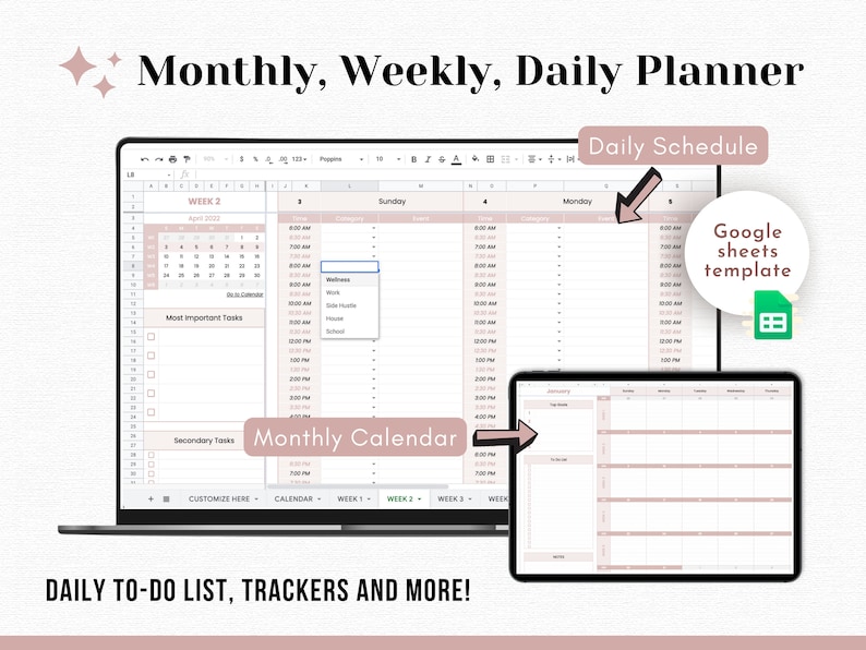 Google Sheets To Do List, Undated Weekly Planner, Monthly Calendar, Daily Schedule Template, Task Tracker, To Do List, Task List, Editable 
