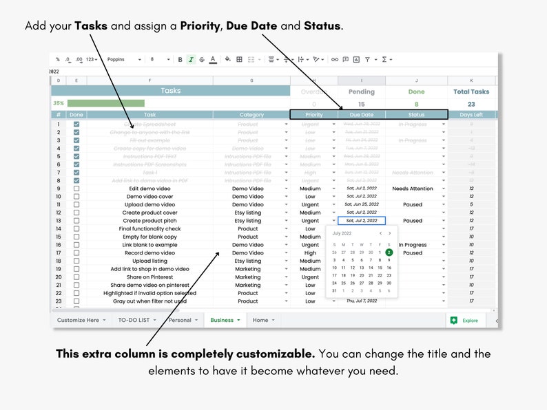 Todo List Task Planner Spreadsheet Google Sheets Template Etsy