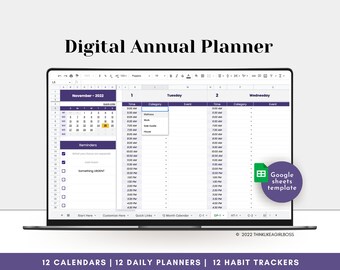 Digital Annual Planner, Undated Productivity Planner, Google Sheets Spreadsheet, To Do List, Monthly Calendar, Daily Schedule, Habit Tracker