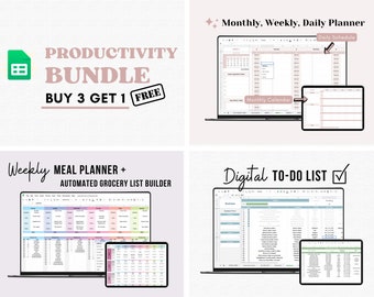 Meal Planner, Weekly Planner, Digital To-Do List, Habit Tracker, Productivity Google Sheets Bundle - Digital Planner, Buy 3 get 1 FREE