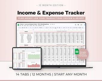 Einnahmen und Ausgaben Tracker, Jährlicher Finanzplaner, Jährliche Budget Tabelle, Monatliche Ausgaben Tracker, 12 Monate - Google Sheets Vorlage