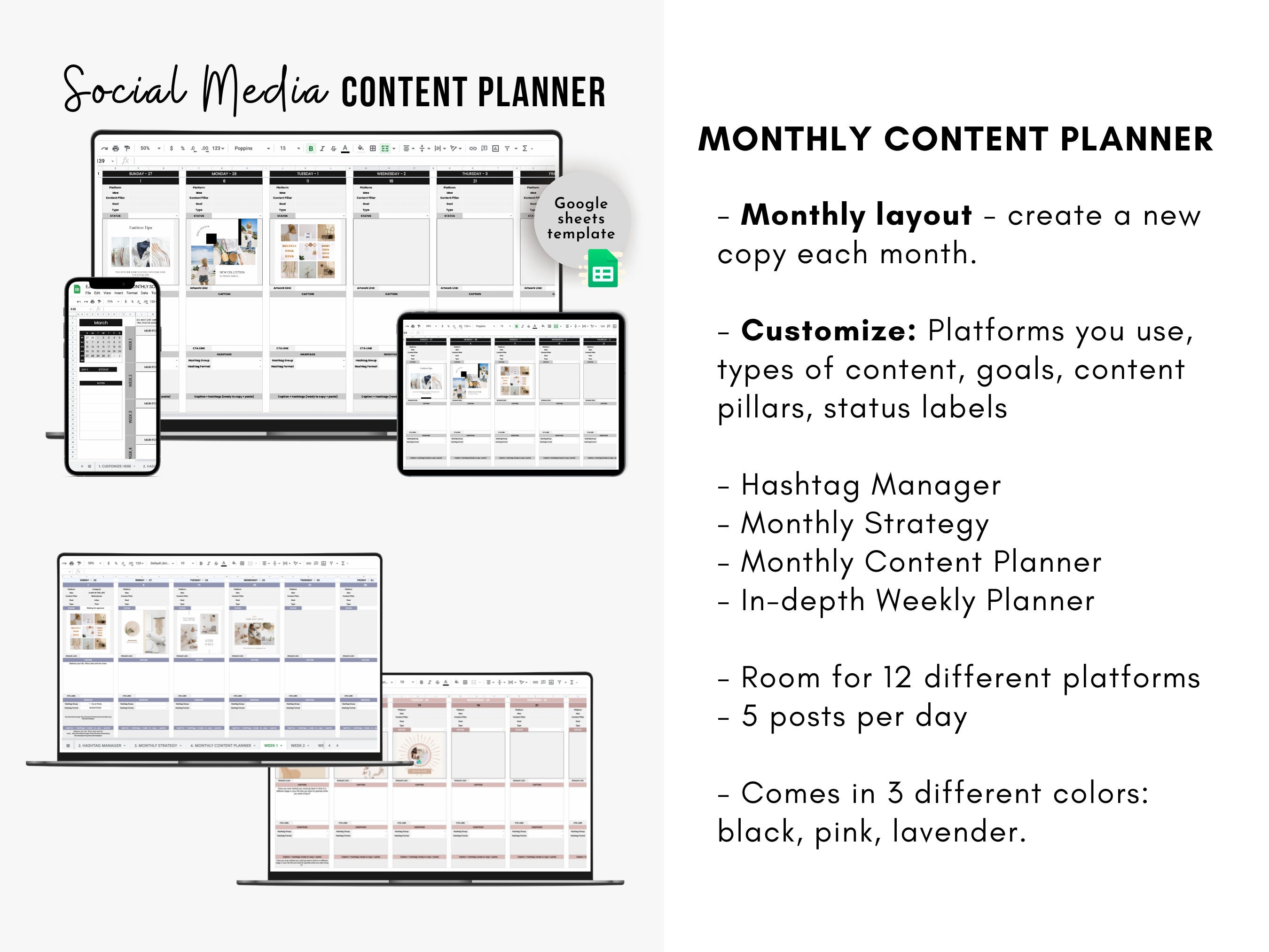 Content Planner Google Sheets Social Media Content Calendar - Etsy