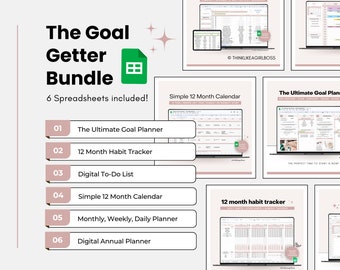 Zielplaner, Habit Tracker, Digitale To-Do-Liste, 12-Monatskalender, Monatsplaner, Wochenplaner, Jahresplaner - 6 Google Sheets Templates