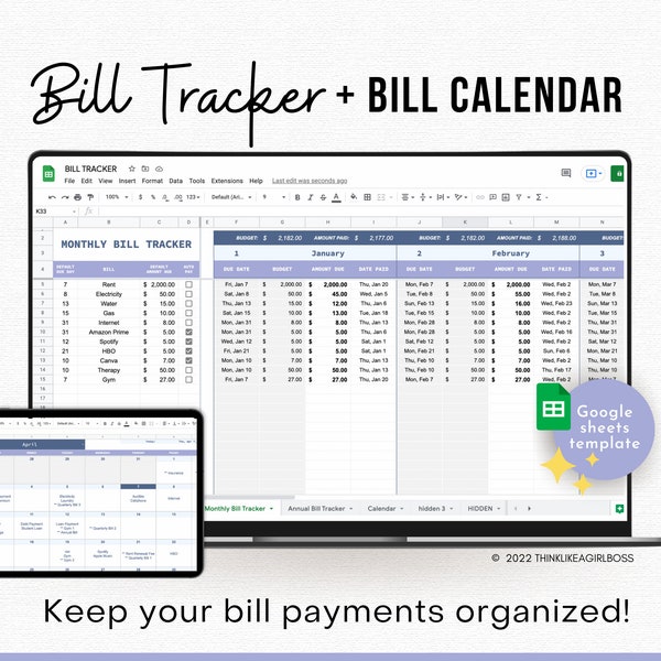 Bill Tracker Spreadsheet, Google Spreadsheets Bill Tracker, Factuurbetalingskalender, Maandelijkse Bill Tracker, Jaarlijkse Bill Tracker, Budgetplanner