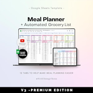 Meal Planner and Automated Grocery List Google Sheets Spreadsheet Template