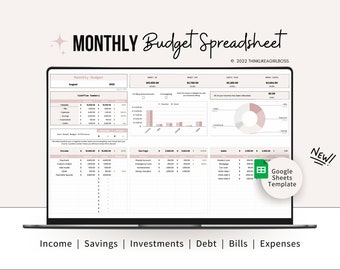 Monthly Budget Spreadsheet, Google Sheets Budget Template, Income, Expenses, Bills, Savings, Debts, Personal Finance, Financial Planner