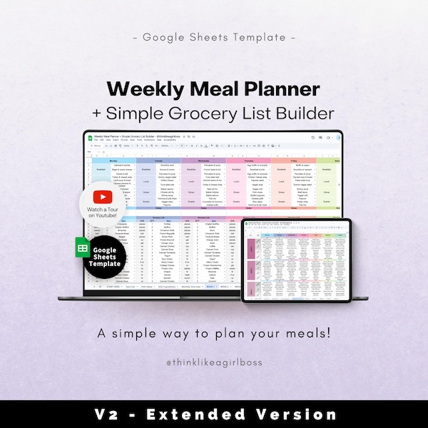Weekly Meal Planner & Grocery List: Google Sheets Template (Digital Download)
