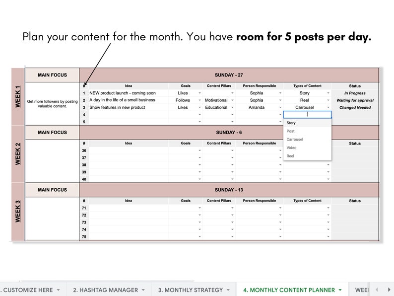 Instagram Content Planner Google Sheets, Instagram Content Calendar, Instagram Marketing Planner, Editable and Customizable, Instant access image 3