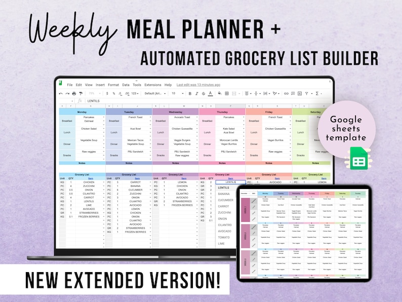 Weekly Meal Planner and Grocery List Google Sheets Digital Template | Food Prep | Colorful Weekly and Monthly Meal Plan | Dinner Planner 