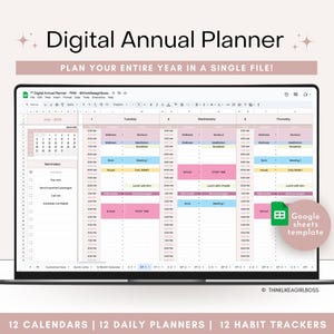 Planner annuale digitale, Planner di produttività non datato, Foglio di calcolo di Google Sheets, Elenco delle cose da fare, Calendario mensile, Programma giornaliero, Tracker delle abitudini