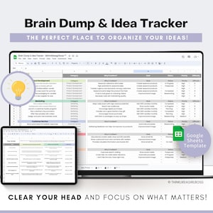 Sjabloon Brain Dump & Idea Tracker, Idee-organisator, Taaktracker, Productiviteitsplanner, Gedachtenorganisator, Google Spreadsheets-sjabloon