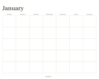 May include: A minimalist monthly calendar page for January, featuring a grid layout with days of the week across the top. The word "January" is printed in a stylish font at the top. The calendar is printed on white paper.