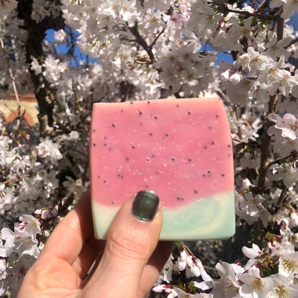 UK Handmade Watermelon soap, vegan, palm free, plastic free, gift for her