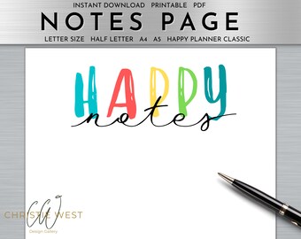 May include: Printable "Happy Notes" page with colorful text and a pen on a white background. The page is designed for use with a Happy Planner.