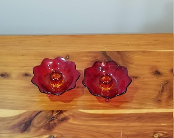 VTG Footed Fenton Amberina Glass 3-Footed Lotus Candle Holder | Home Decor | Glass Decor | Red