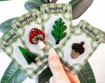 Épingles en argile inspirées de Woodland, broche de forêt faite à la main, badges Nature sculptés à la main