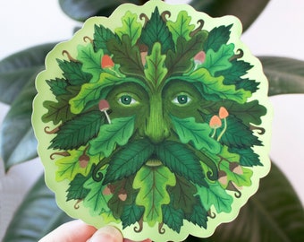 Green man Sticker, Matte mirror sticker, traditional nature illustration, die cut vinyl decal sticker