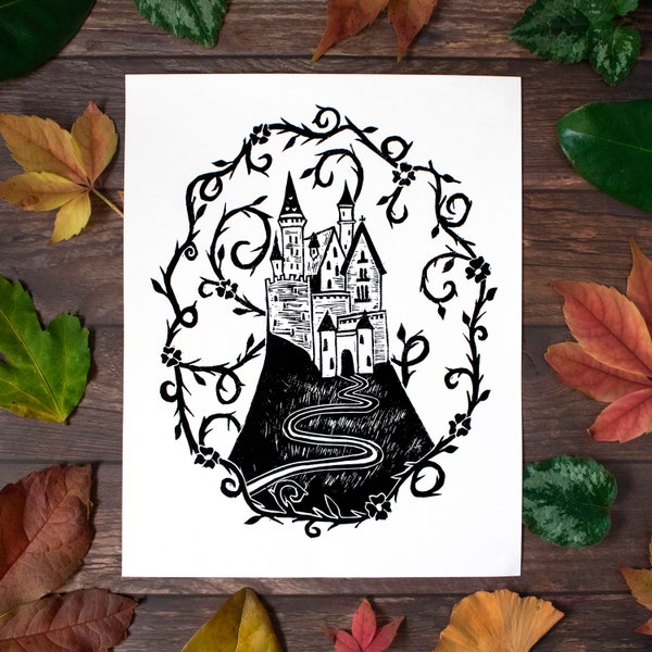 Sleeping Beauty lino print, magical castle lino cut, fairy tale inspired artwork, original fantasy art, thorns relief print.