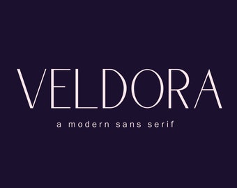 May include: A white sans-serif font called "Veldora" is displayed on a dark blue background. The text reads "Veldora" and "a modern sans serif".