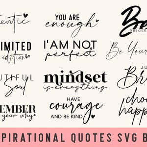 Könnte beinhalten: Ein Satz von 12 inspirierenden Zitaten in schwarzem Text auf weißem Hintergrund. Die Zitate beinhalten "You are enough", "I'm limited edition", "I am not perfect", "Beautiful soul", "Mindset is everything", "Have courage and be kind", "Remember your why", "Be original", "Be yourself", "Just breathe", "Choose happy" und "Authentic".