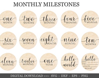 15 Baby Monthly Milestone svg Bundle , Baby Monthly Milestone Rounds SVG ,Glowforge Cricut & Silhouette, Hello World Svg, baby stats svg