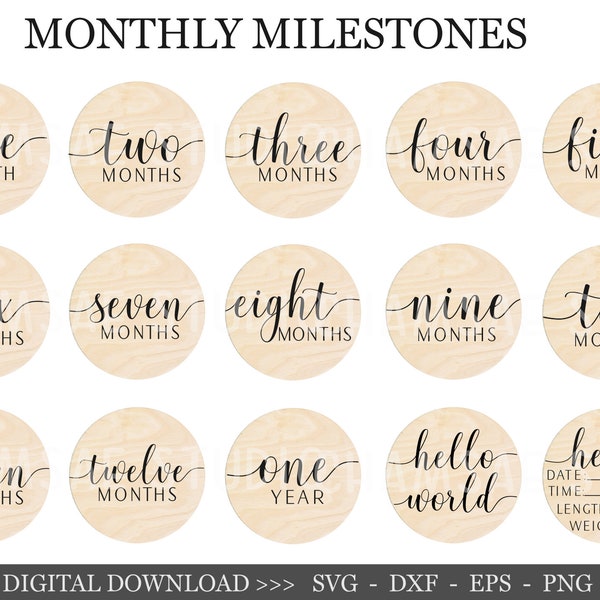 15 Baby Monthly Milestone svg Bundle , Baby Monthly Milestone Rounds SVG ,Glowforge Cricut & Silhouette, Hello World Svg, baby stats svg