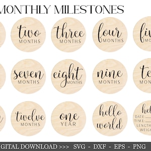 Pacote 15 Baby Monthly Milestone svg, Baby Monthly Milestone Rounds SVG, Glowforge Cricut e Silhouette, Hello World svg, arquivos de corte svg