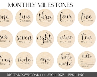 15 Baby Monthly Milestone svg Bundle , Baby Monthly Milestone Rounds SVG ,Glowforge Cricut & Silhouette, Hello World Svg, svg cut files