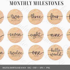 15 Pacote Baby Monthly Milestone SVG, Baby Monthly Milestone Rounds SVG, Glowforge Cricut & Silhouette, Hello World Svg, arquivos de corte Baby Svg