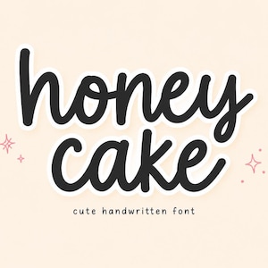 May include: A digital graphic displaying the text honey cake in a bold, black, rounded handwritten font with a white outline. Below, the text cute handwritten font appears in a smaller, simple black sans-serif typeface on a pale peach background.