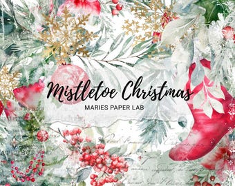 Pacchetto di carta digitale natalizia "Vischio" / Album di ritagli vintage, diario di scarto (download digitale)