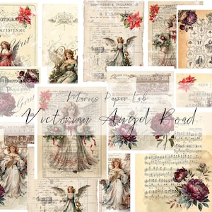 Puede incluir: Una hoja de collage digital con imágenes vintage de ángeles, flores y música. La hoja se titula "Maries Paper Lab Victorian Angel Road".