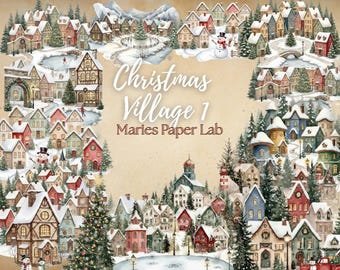 Pagine di diario del villaggio di Natale stampabili, carta da lettere della città invernale, download digitale di Natale vintage, vacanze