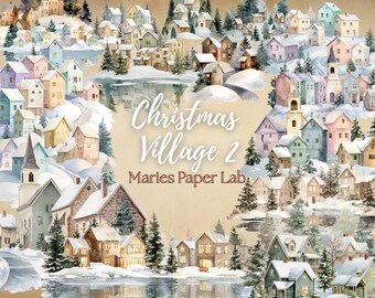 Villaggio di Natale 2 digitale, sfondi di città invernali, pagine di album di ritagli di villaggi innevati, stampe natalizie, digitali