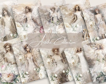 Collezione di angeli stampabili, arte eterea degli angeli vintage, diario spazzatura con peonie bianche, carta digitale trasandata