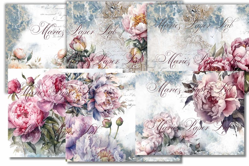 Vintage Peony Digital Paper Pack • Soft Floral Scrapbook Pages • Shabby ...