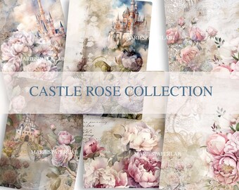 Collezione stampabile, carta digitale con castello da favola, diario vintage con rose, sfondi per album floreali shabby