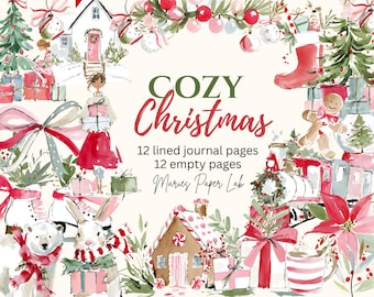 Cozy Christmas Journal Pages Printable | 12 Lined + 12 Blank | Watercolor Holiday Stationery 11x8.5