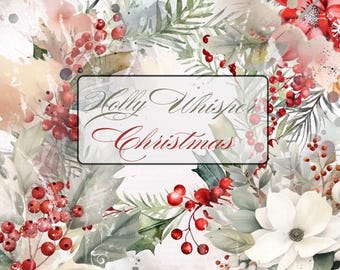 Pacchetto di carta digitale natalizia Holly Whisper, etichette natalizie con fiori acquerellati, diario di ritagli