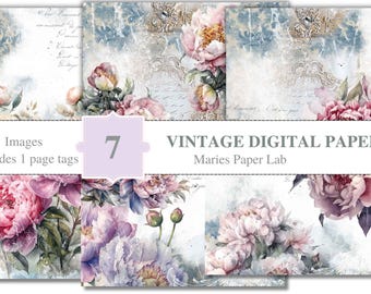 Pacchetto di carta digitale Vintage Peony • Pagine di album floreali morbidi • Sfondi effimeri blu shabby • Download immediato