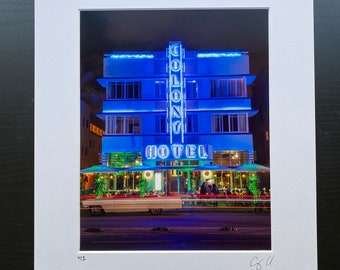 Letrero de neón del Hotel Colony / Miami Beach, Florida / Lámina Art Déco vintage / 8x10 con paspartú de 11x14 / Firmada y numerada